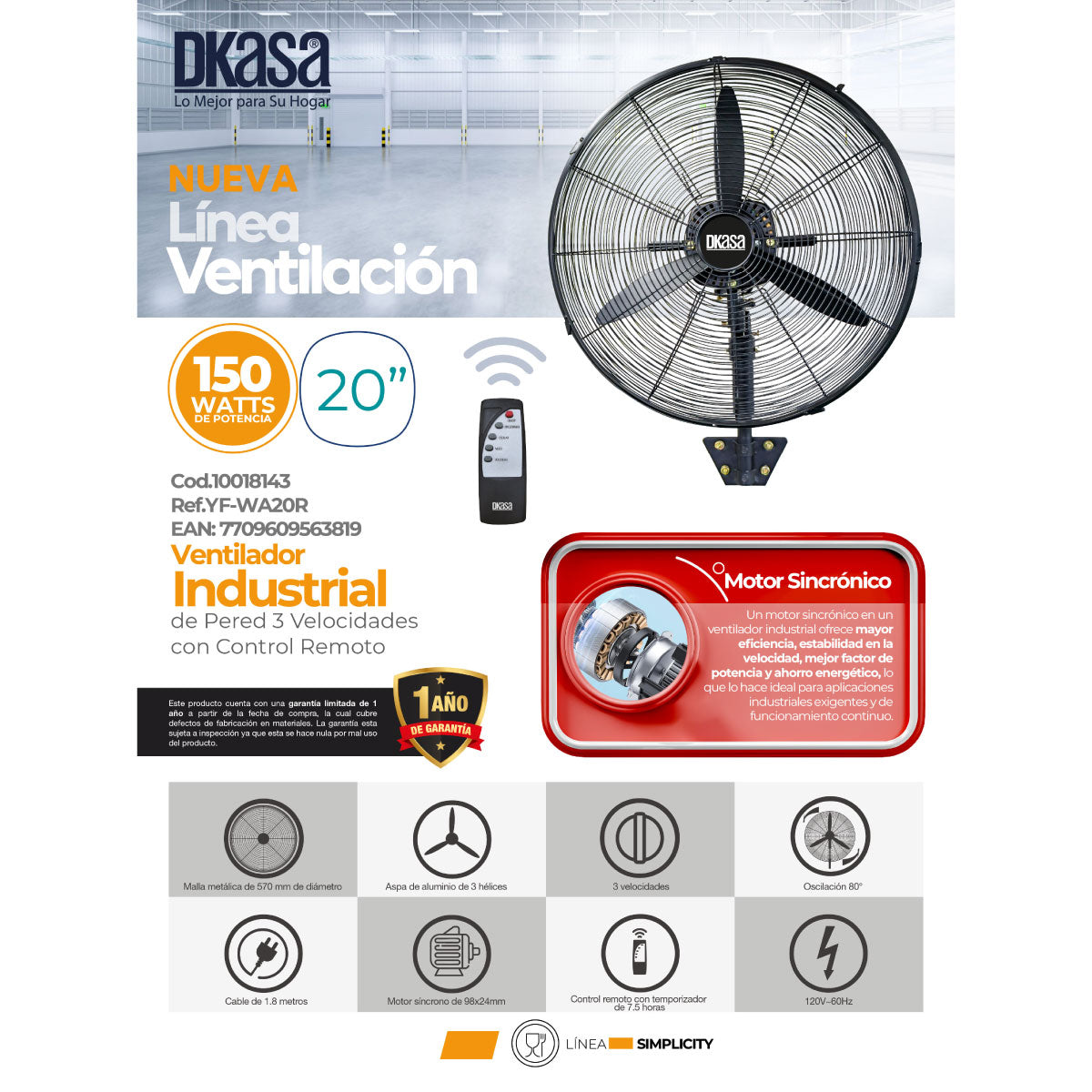 Ventilador Industrial Simplicity de Pared Con Control