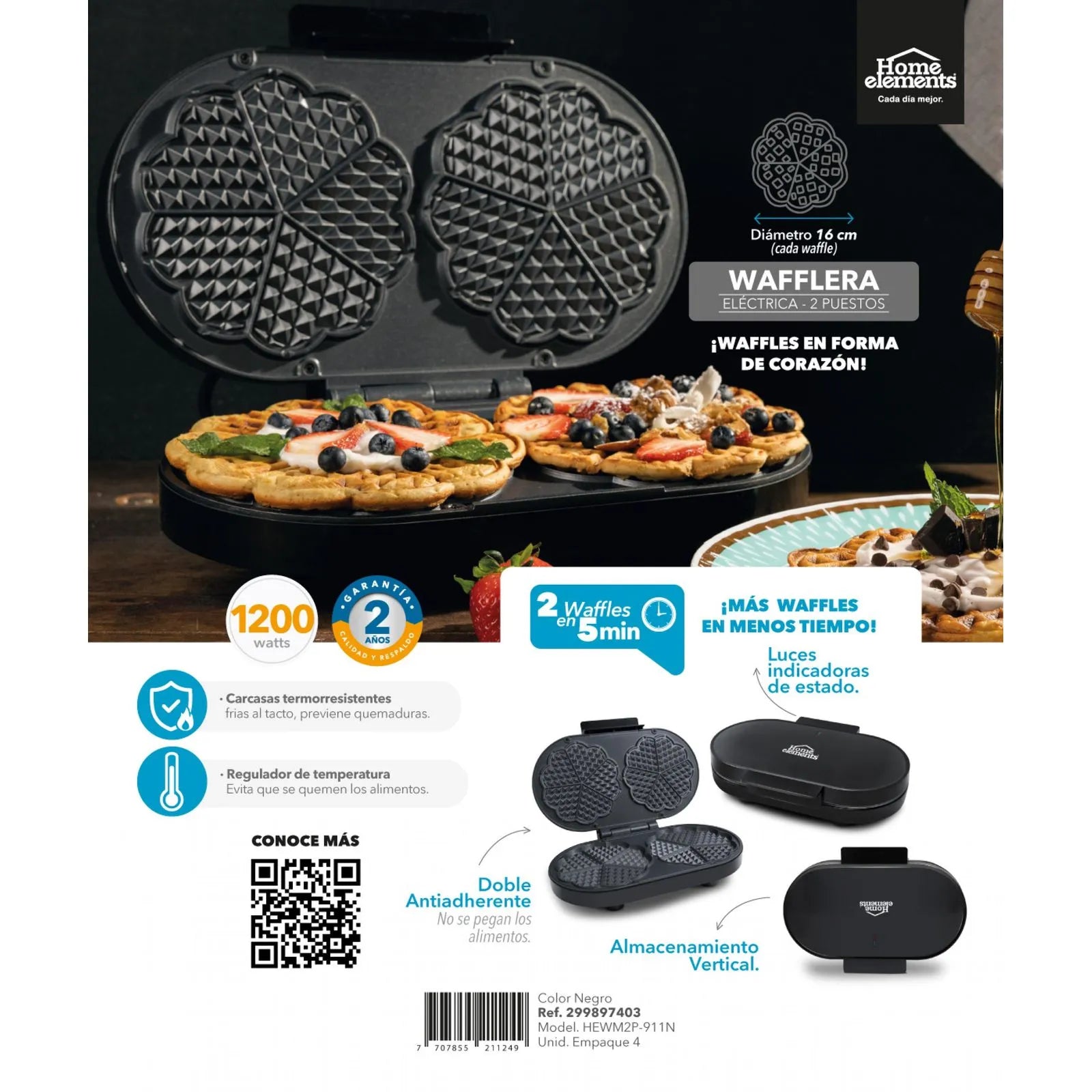 Wafflera Antiadherente de 2 Puestos