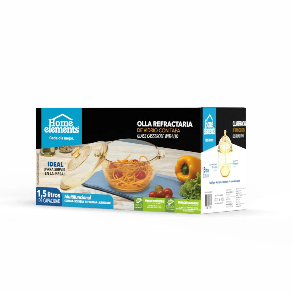 Olla Refractaria De Vidrio 1,5 Litros Con Tapa - Home Elements