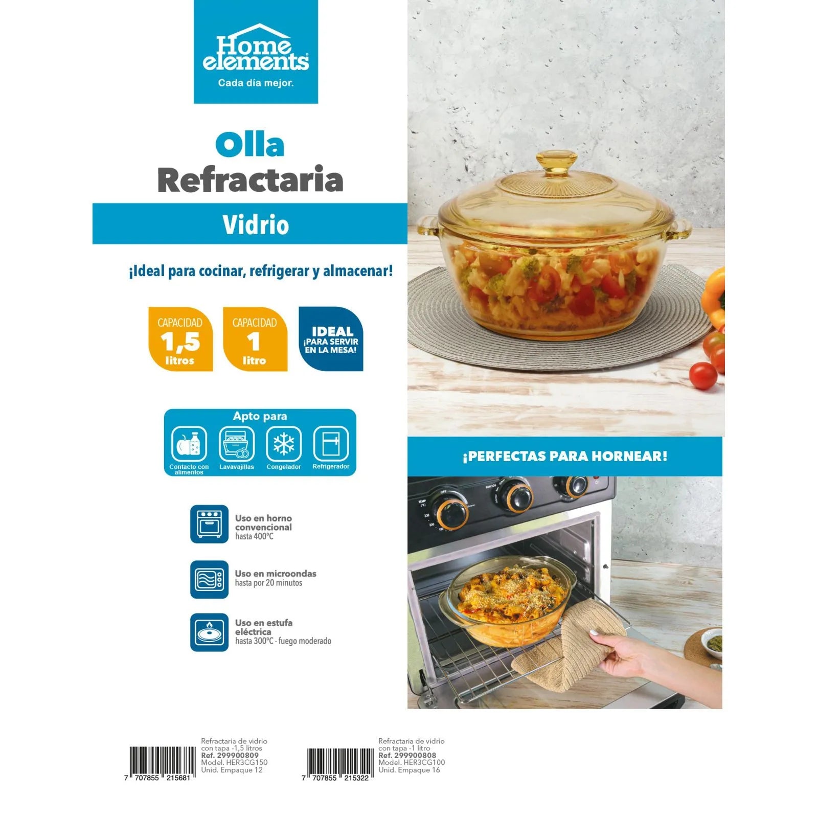 Olla Refractaria De Vidrio 1,5 Litros Con Tapa - Home Elements