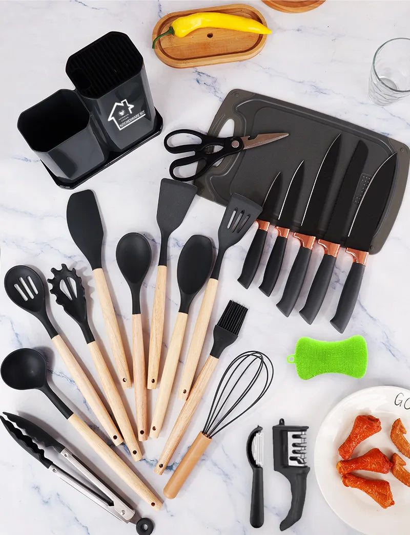 Juego De Utensilios De Silicona Y Cuchillos