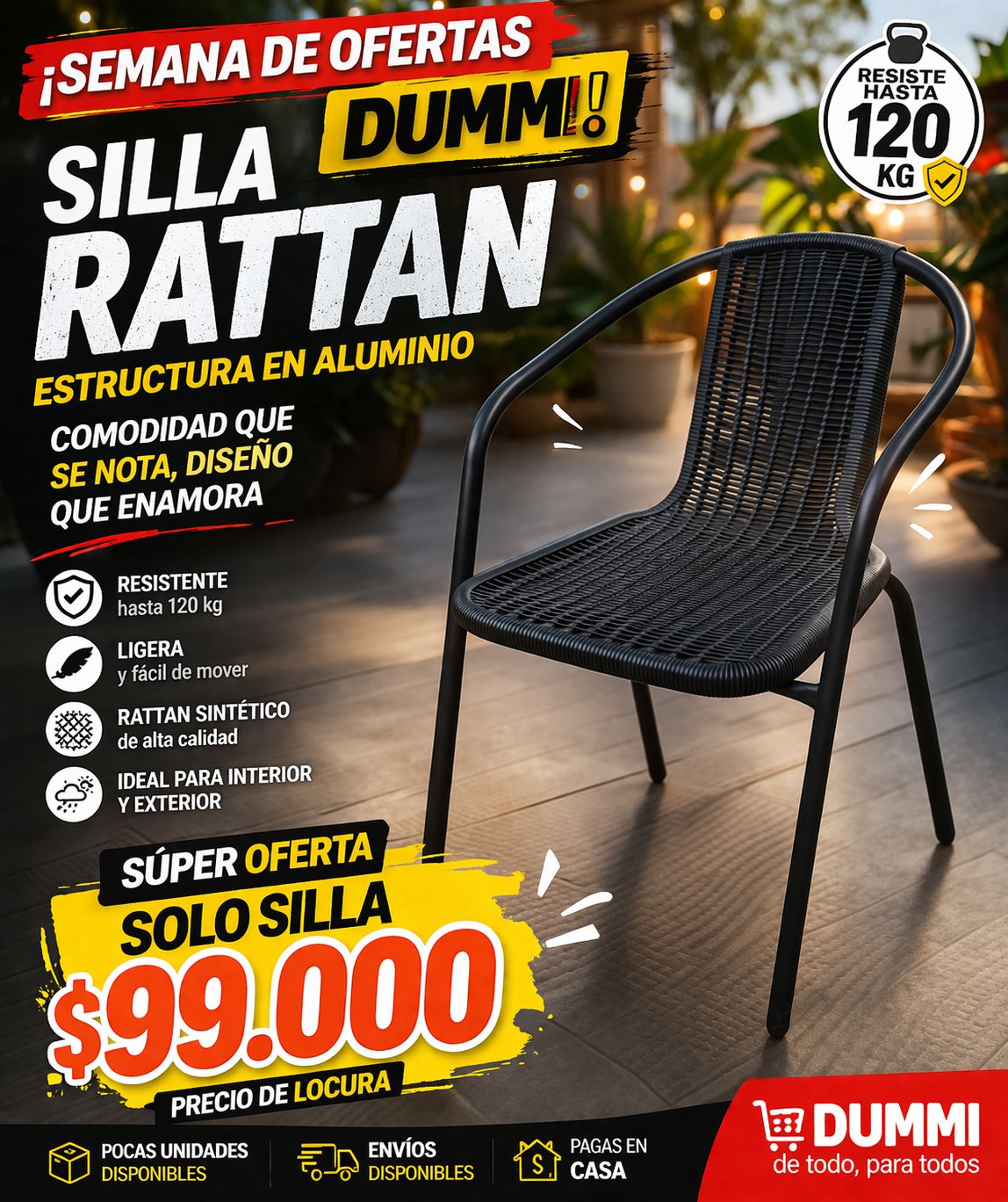 Juego 2 Sillas Moderna Rattan Con Mesa Auxiliar