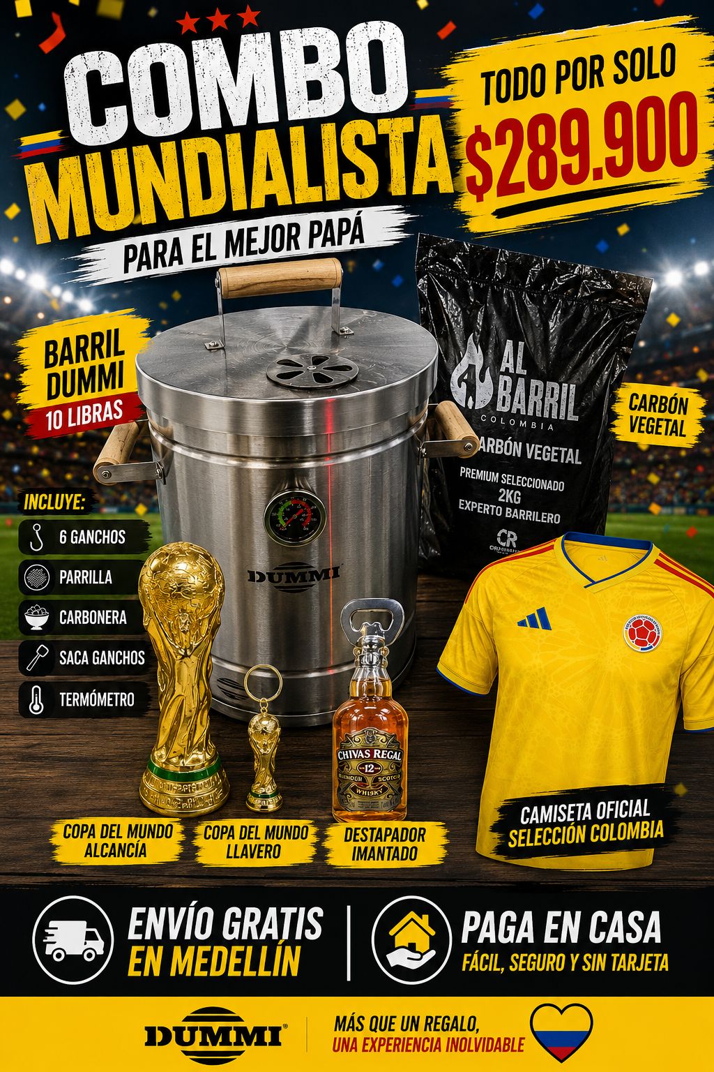 COMBO MUNDIALISTA DUMMI - BARRIL CON CAMISETA Y CARBON – EDICIÓN DÍA DEL PADRE