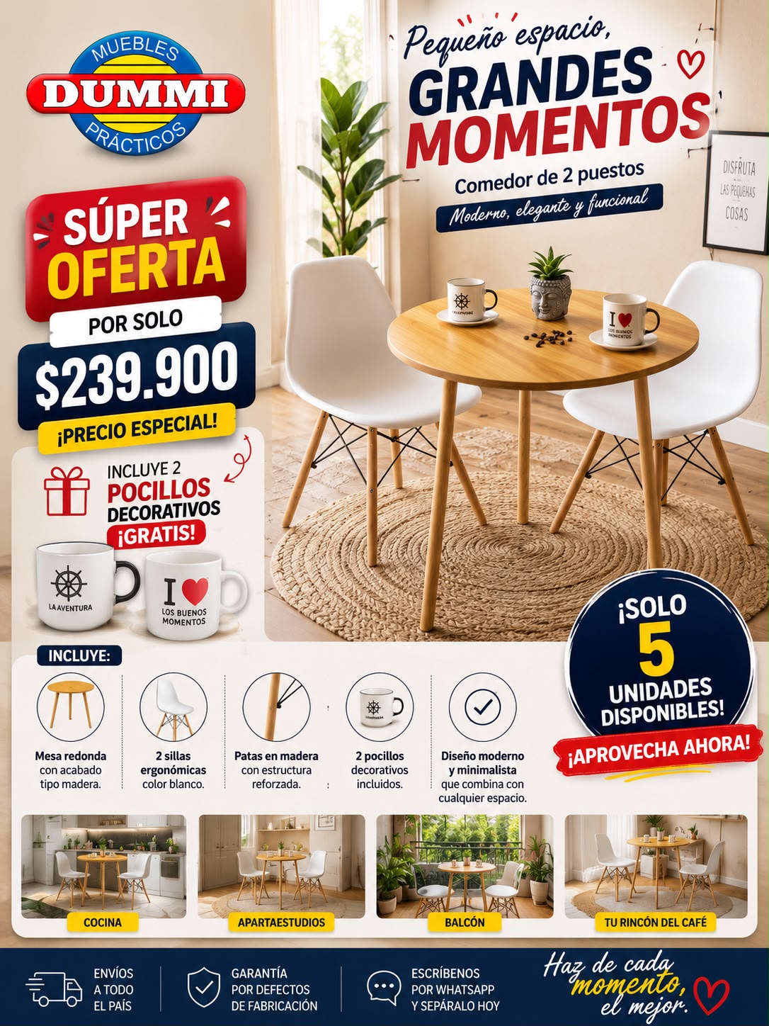 Comedor Dos Puestos Con Silla Eames - Patas de Madera