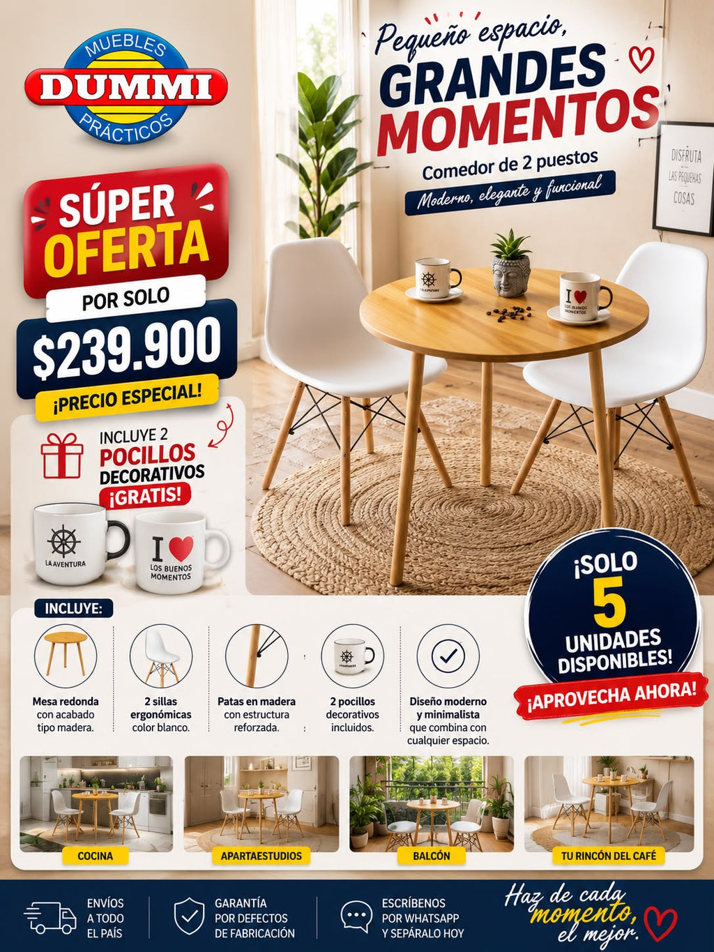 Comedor Dos Puestos Con Silla Eames - Patas de Madera