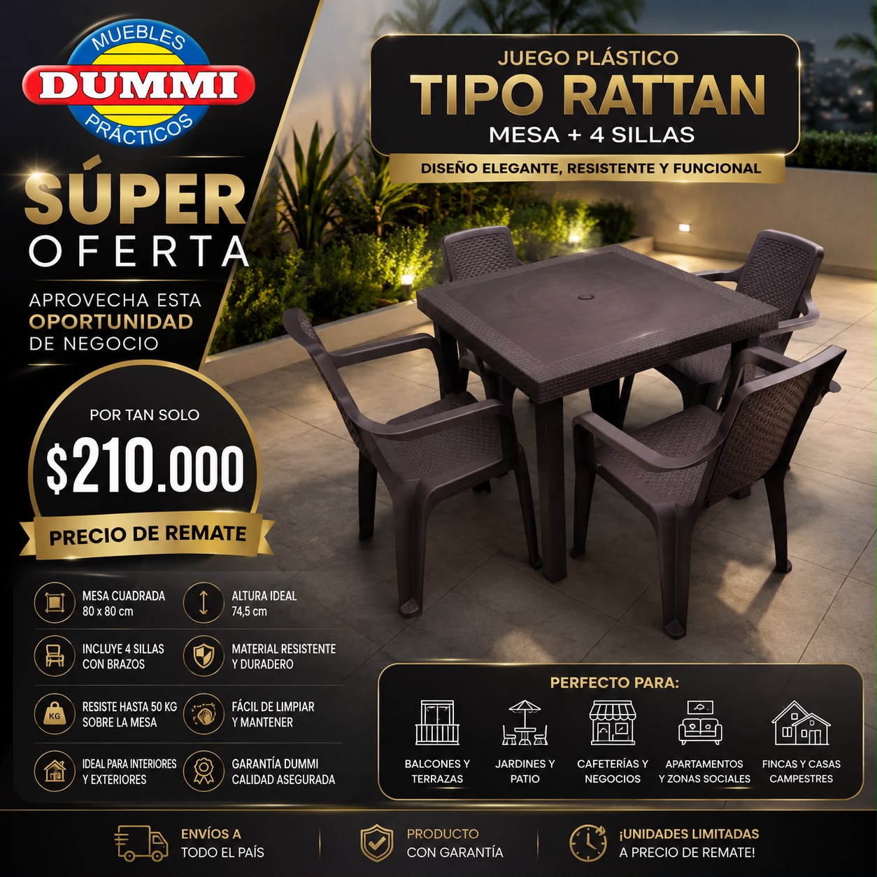 Oferta! Comedor Rattan Con 4 Sillas Dummi