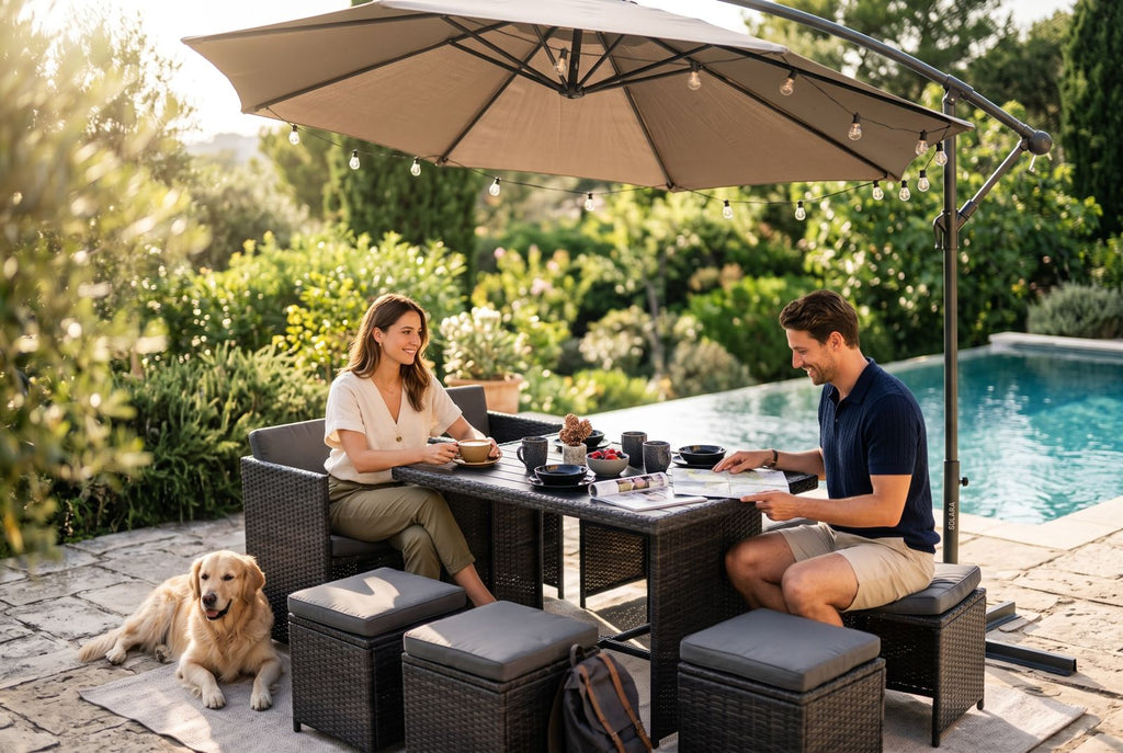 Combo de Terraza - Parasol Lateral con Comedor - Vajilla de Obsequio!