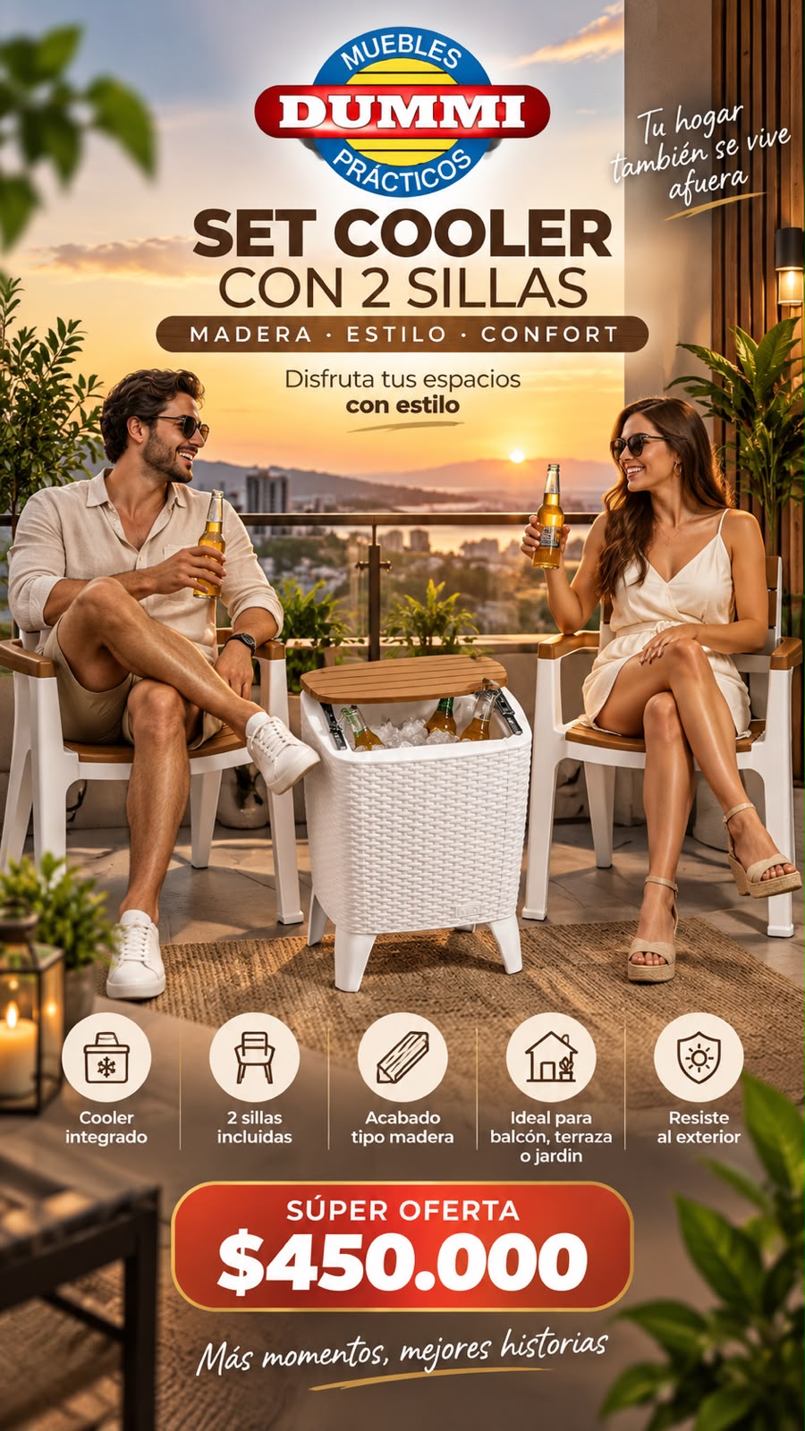 Juego - Set Comedor de Balcon - 2 Sillas con Mesa Hielera Cooler