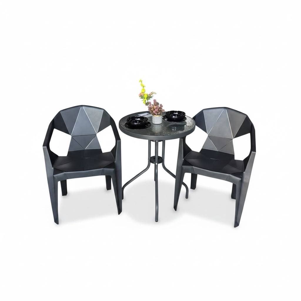 Set Comedor de Balcon - 2 Sillas Geometricas con Mesa de Vidrio