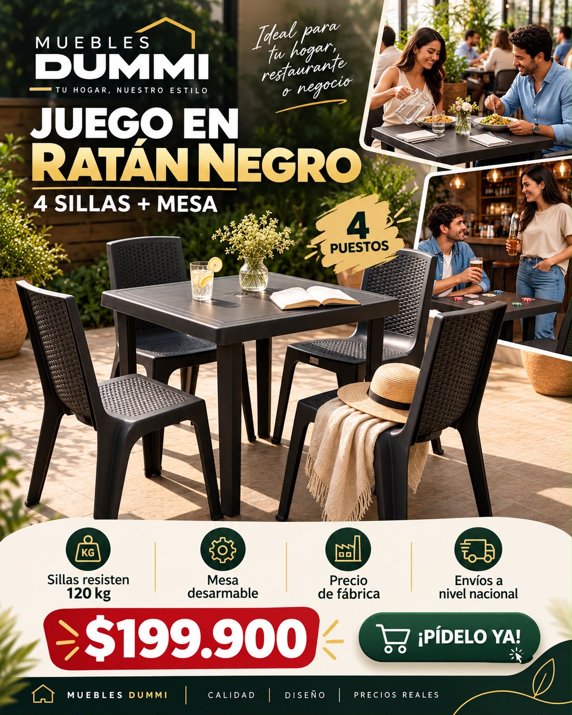 Juego - Comedor Rattan Dummi 4 Sillas Con Mesa