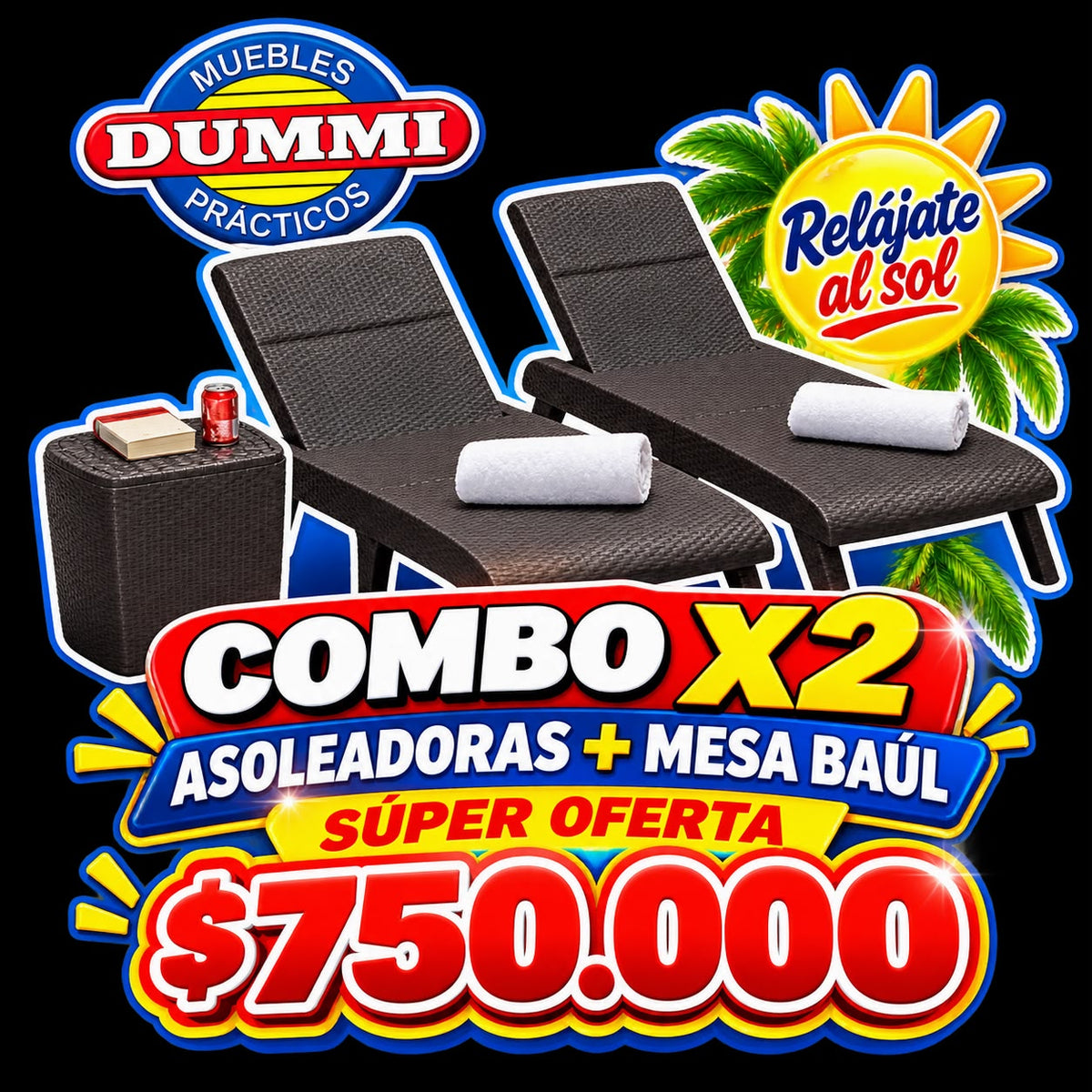 Combo Asoleador - 2 Camas Apariencia Rattan Con Mesa Baul