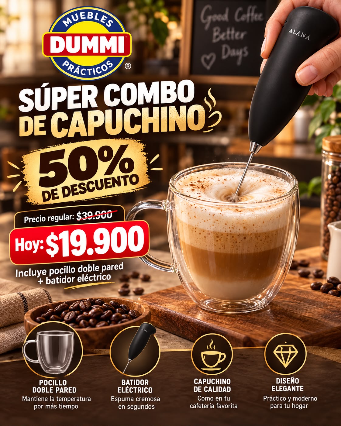 Combo Capuccino - Pocillo Doble Pared con Batidor Electrico