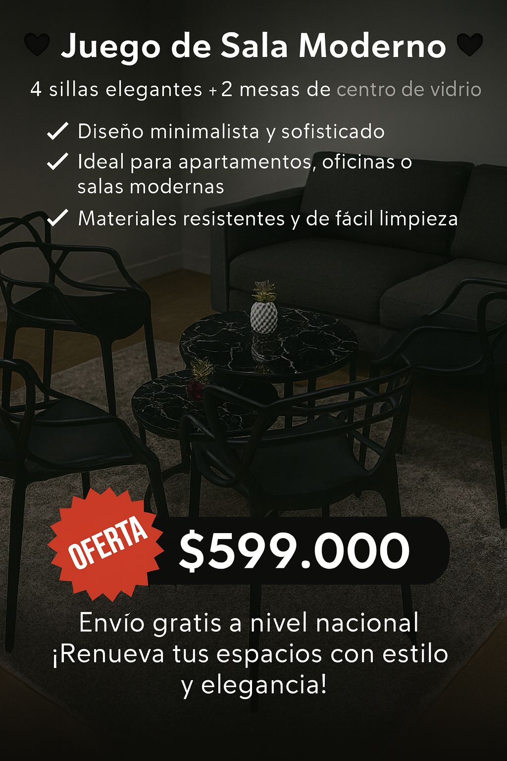 Juego de Sala Moderno & Elegante Con Mesa de Centro