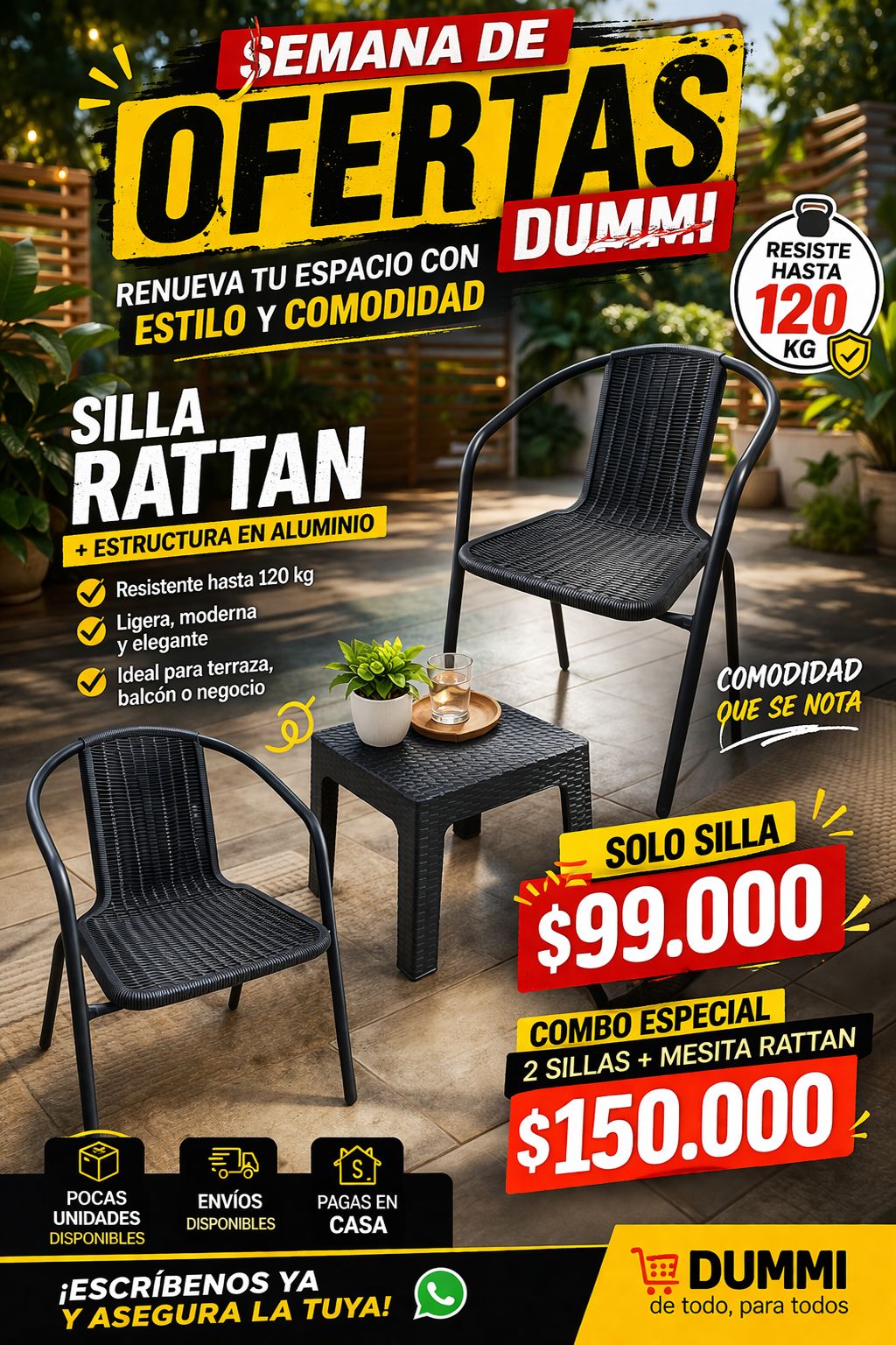 Juego 2 Sillas Moderna Rattan Con Mesa Auxiliar