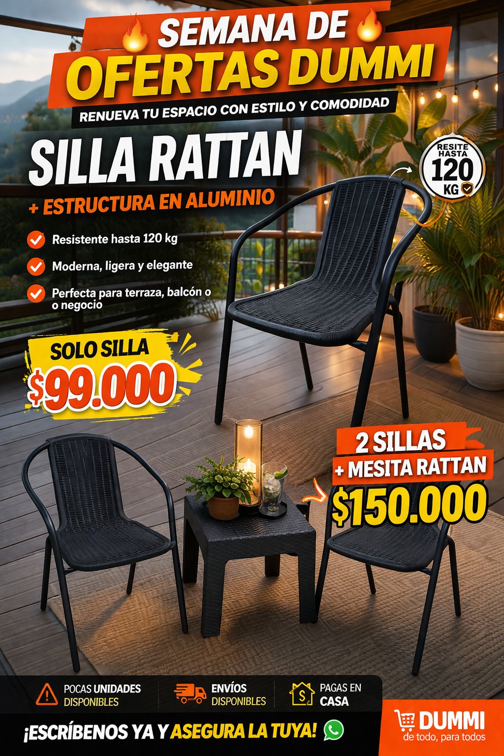 Juego 2 Sillas Moderna Rattan Con Mesa Auxiliar