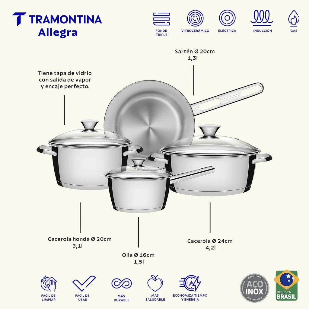 Batería de Cocina Tramontina Allegra Acero Inoxidable 4 Piezas - Muebles Dummi