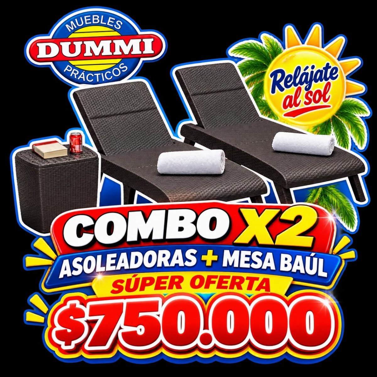 Combo Asoleador - 2 Camas Apariencia Rattan Con Mesa Baul - Muebles Dummi