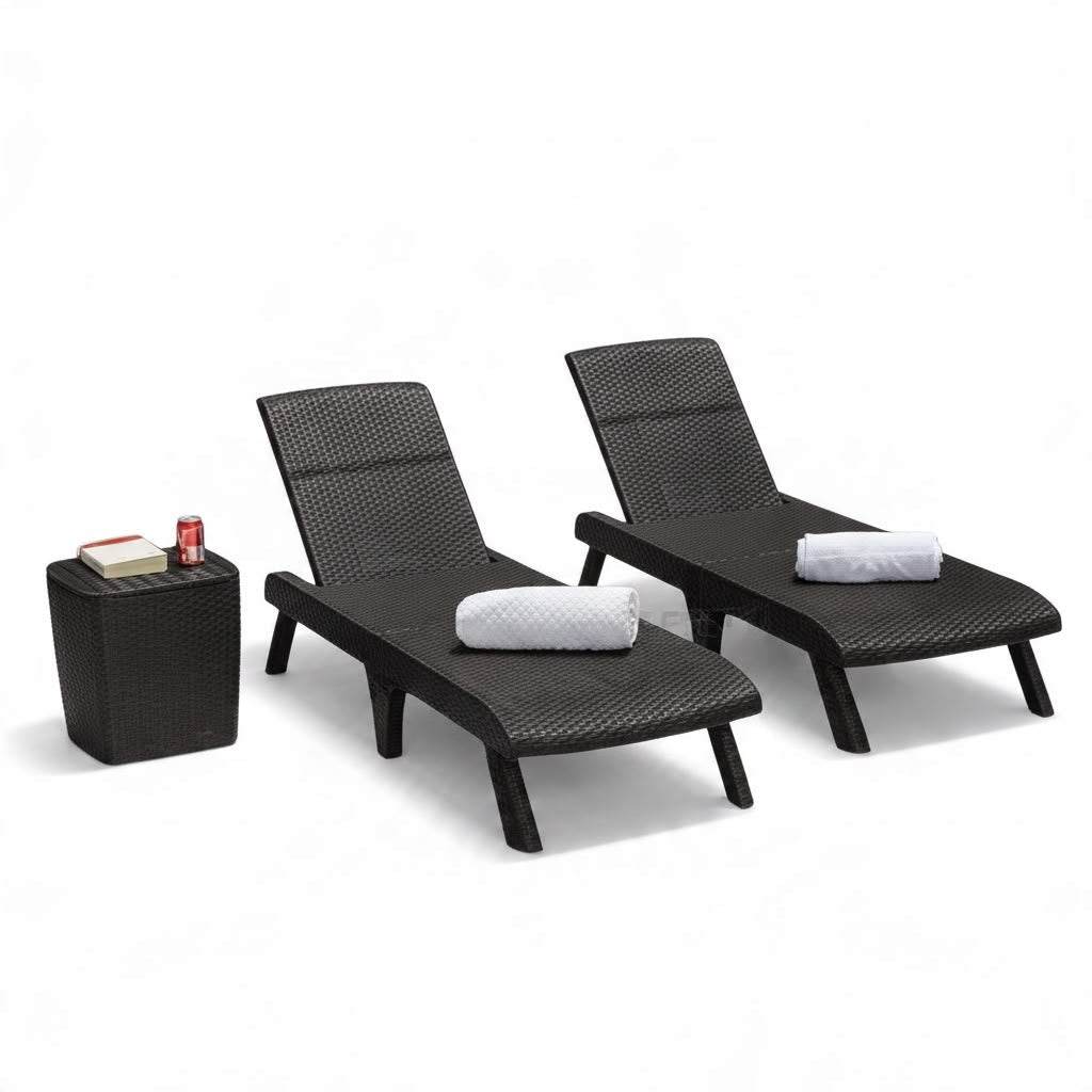 Combo Asoleador - 2 Camas Apariencia Rattan Con Mesa Baul - Muebles Dummi
