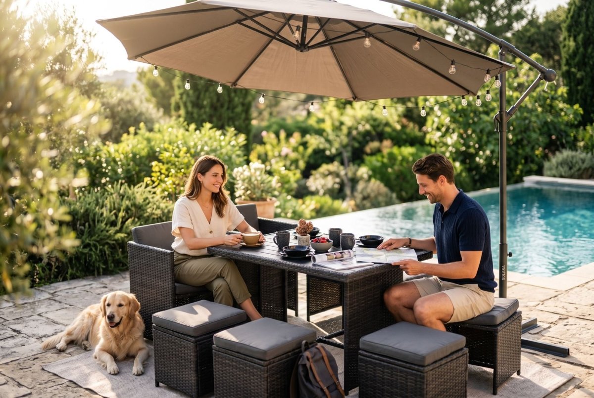 Combo de Terraza - Parasol Lateral con Comedor - Vajilla de Obsequio! - Muebles Dummi