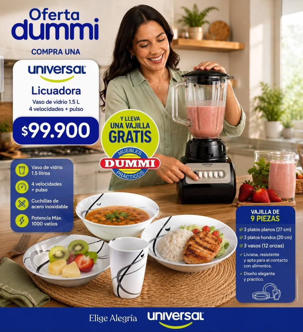 Combo Dummi - Licuadora Universal Vaso De Vidrio + Obsequi Vajilla en Melamina - Muebles Dummi