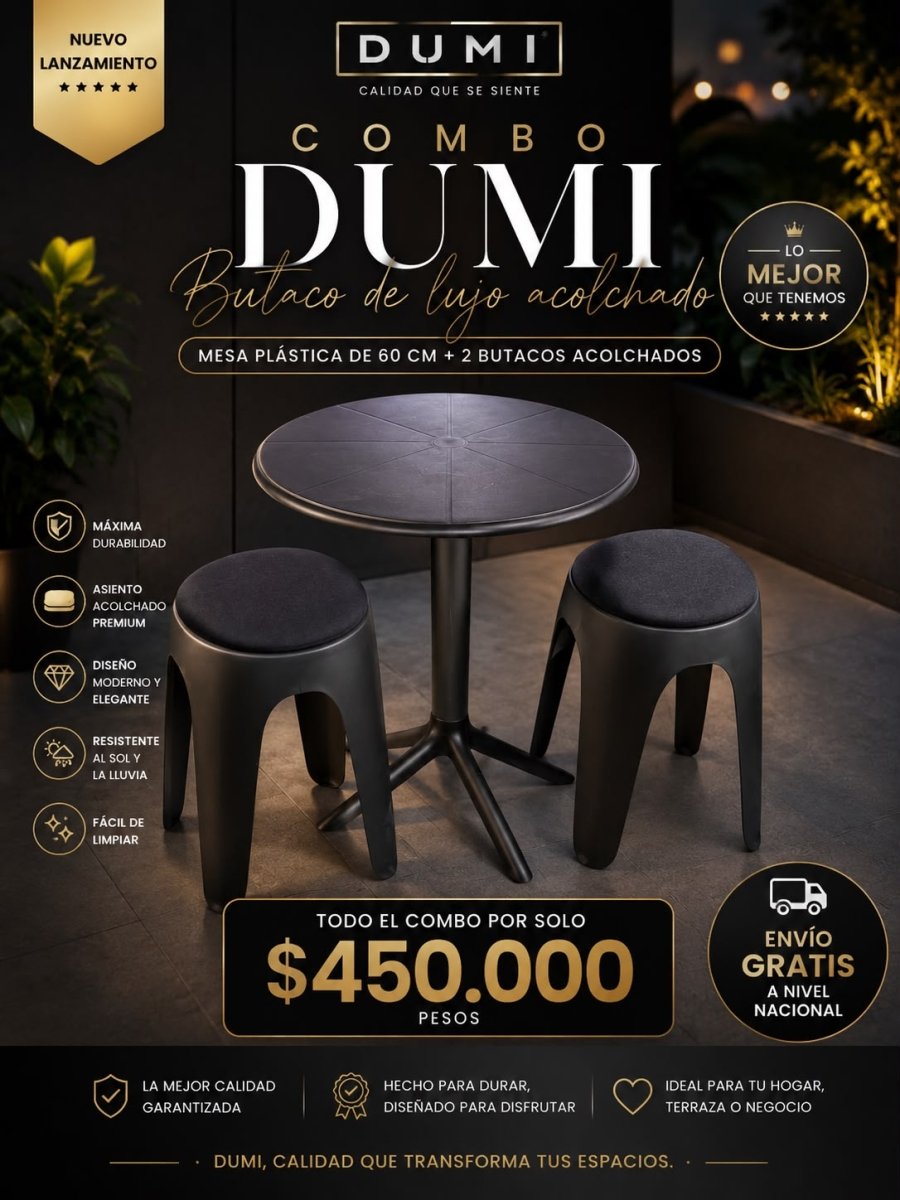 Combo Dummi - Mesa Plastica Con Dos Butacos Premium Acolchados - Muebles Dummi