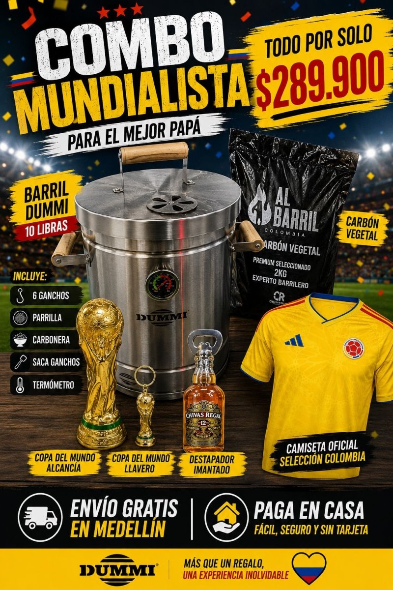COMBO MUNDIALISTA DUMMI - BARRIL CON CAMISETA Y CARBON – EDICIÓN DÍA DEL PADRE - Muebles Dummi