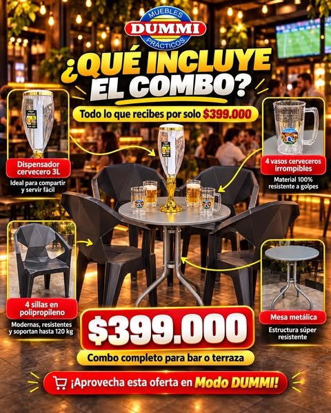 Combo Para Bar - 4 Sillas Con Mesa Metalica y Obsequio Dispensador de Cerveza 3LT - Muebles Dummi