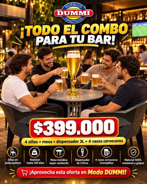Combo Para Bar - 4 Sillas Con Mesa Metalica y Obsequio Dispensador de Cerveza 3LT - Muebles Dummi