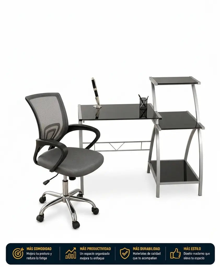 Combo Premium - Escritorio de Vidrio Con Silla Ergonomica Muebles Dummi