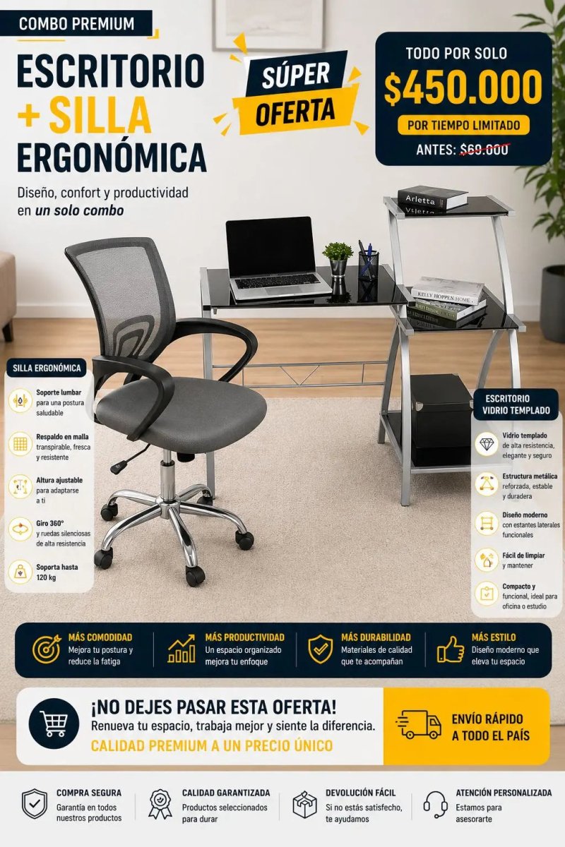 Combo Premium - Escritorio de Vidrio Con Silla Ergonomica Muebles Dummi