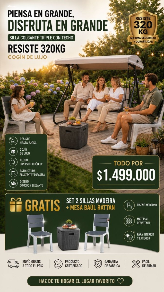 Combo - Sillón Columpio Deluxe Triple Con Techo Mas Set de 2 Sillas Madeira - Muebles Dummi