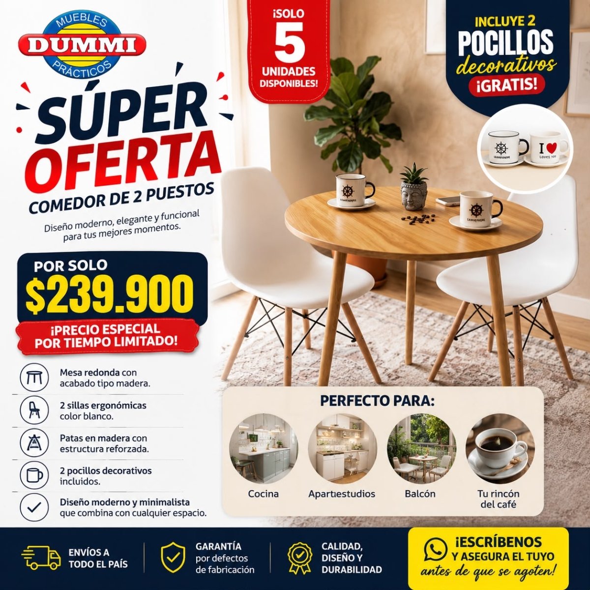 Comedor Dos Puestos Con Silla Eames - Patas de Madera - Muebles Dummi