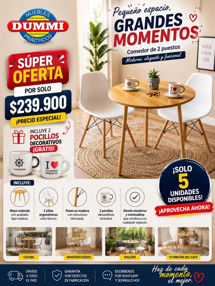 Comedor Dos Puestos Con Silla Eames - Patas de Madera - Muebles Dummi
