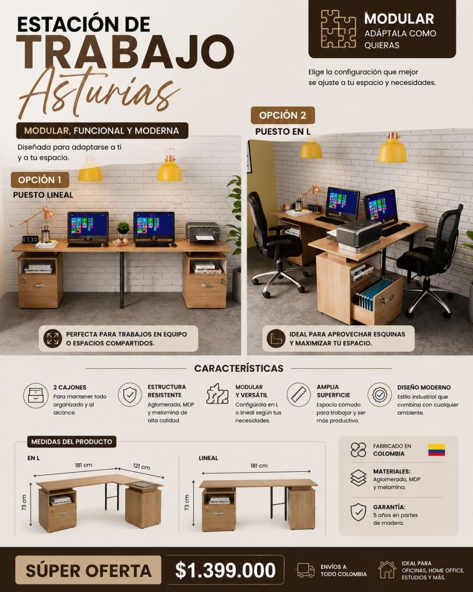 Escritorio Estacion de Trabajo Modular Asturias - Muebles Dummi