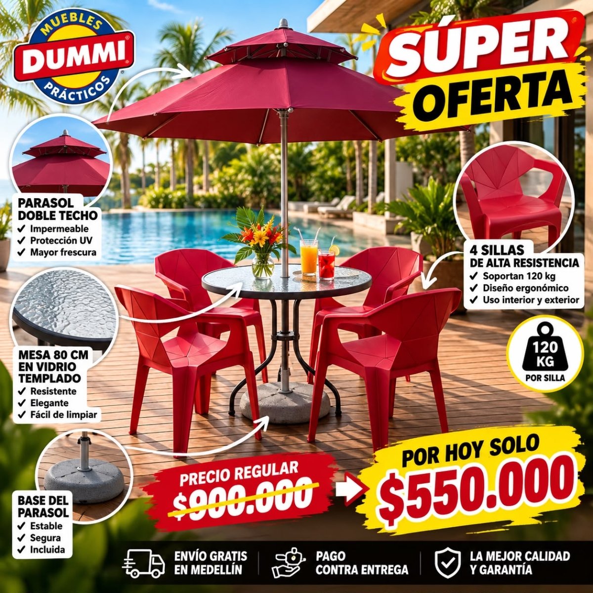 Juego - Comedor de Exterior - 4 Sillas Con Parasol - Muebles Dummi