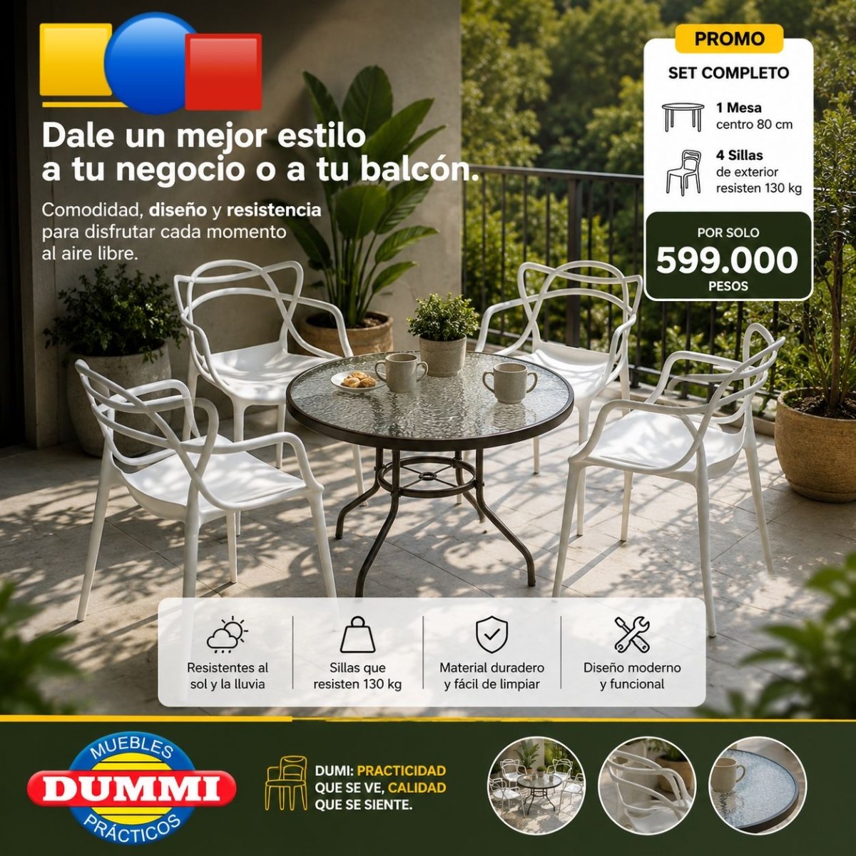 Juego de Balcon - Terraza 4 Sillas Con Mesa - Muebles Dummi