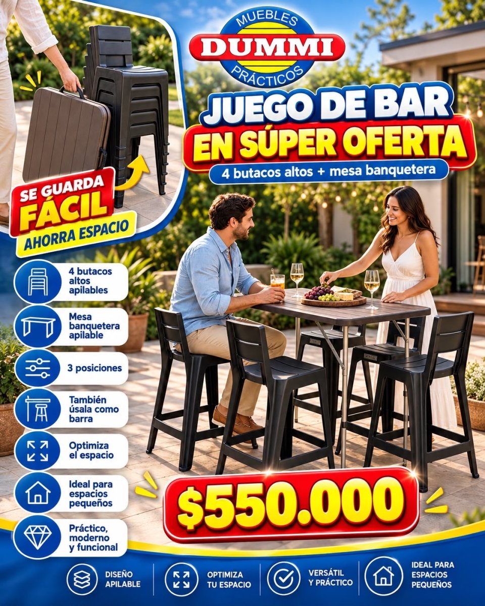 Juego de Bar - Mesa Banquetera Plegable + 4 Butacos - Muebles Dummi