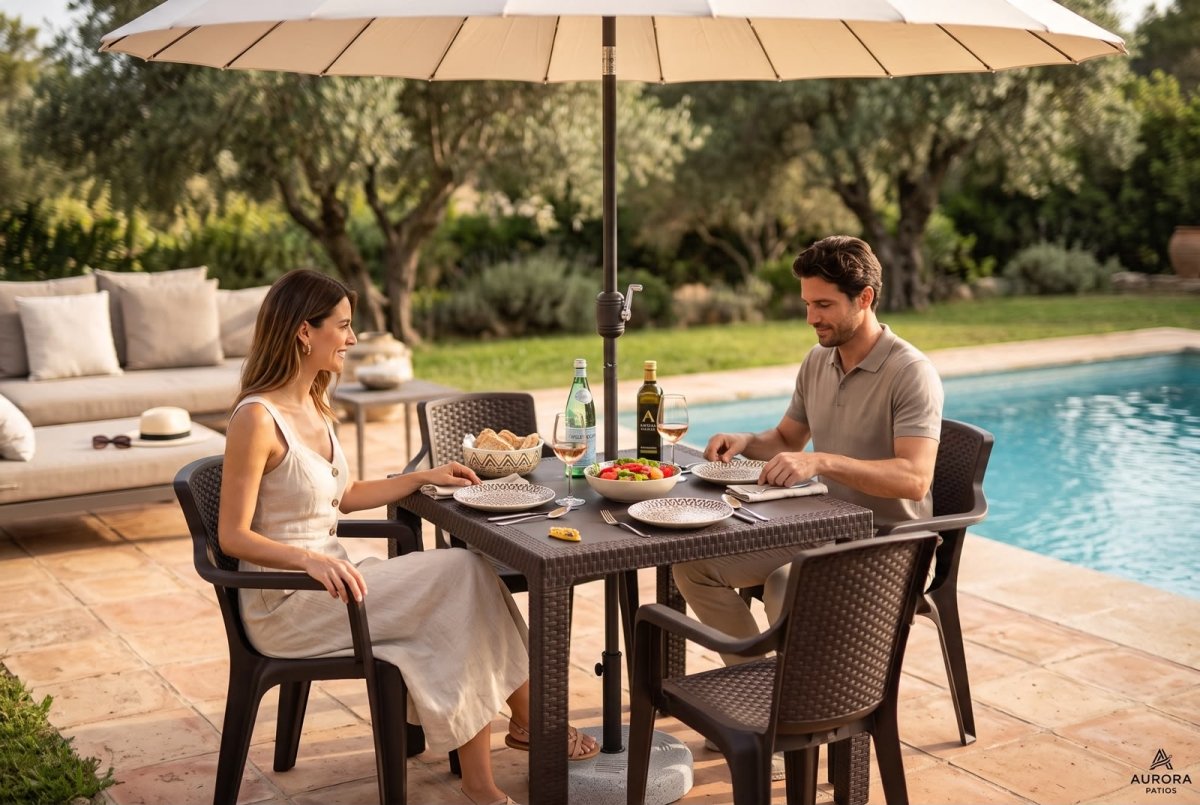 Juego de Comedor Eterna Rimax Con Parasol - 4 Sillas + Mesa + Base - Muebles Dummi