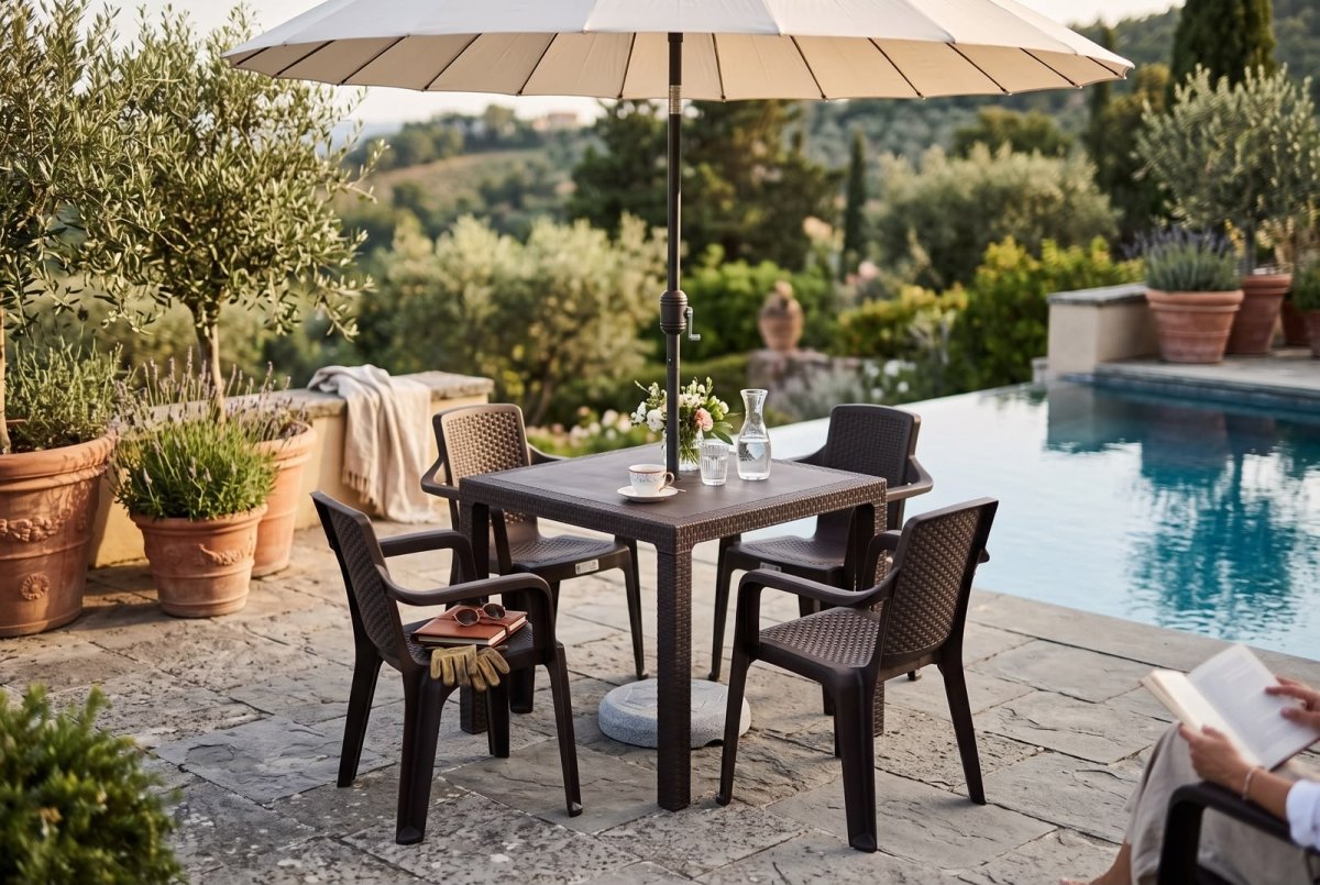 Juego de Comedor Eterna Rimax Con Parasol - 4 Sillas + Mesa + Base - Muebles Dummi