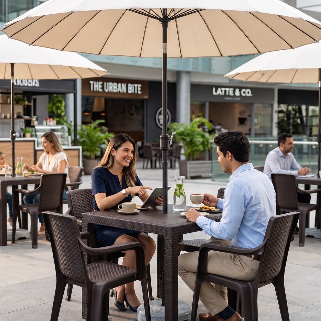 Juego de Comedor Eterna Rimax Con Parasol - 4 Sillas + Mesa + Base - Muebles Dummi