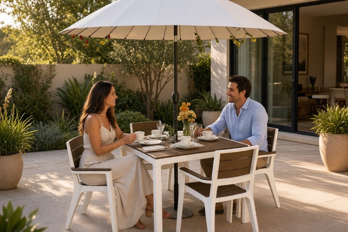 Juego de Comedor Madeira Con Parasol - 4 Sillas + Mesa - Muebles Dummi