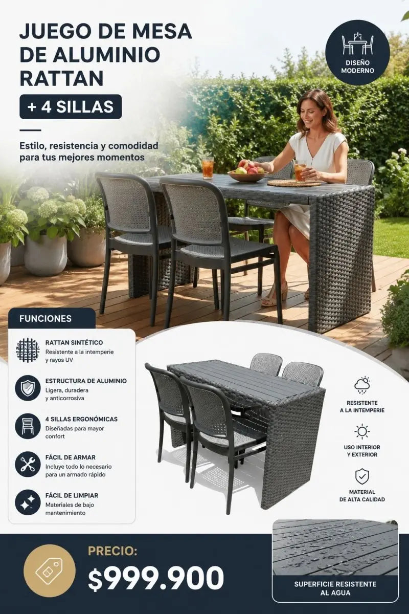 Juego De Mesa en Aluminio Rattan Con 4 Sillas - Muebles Dummi