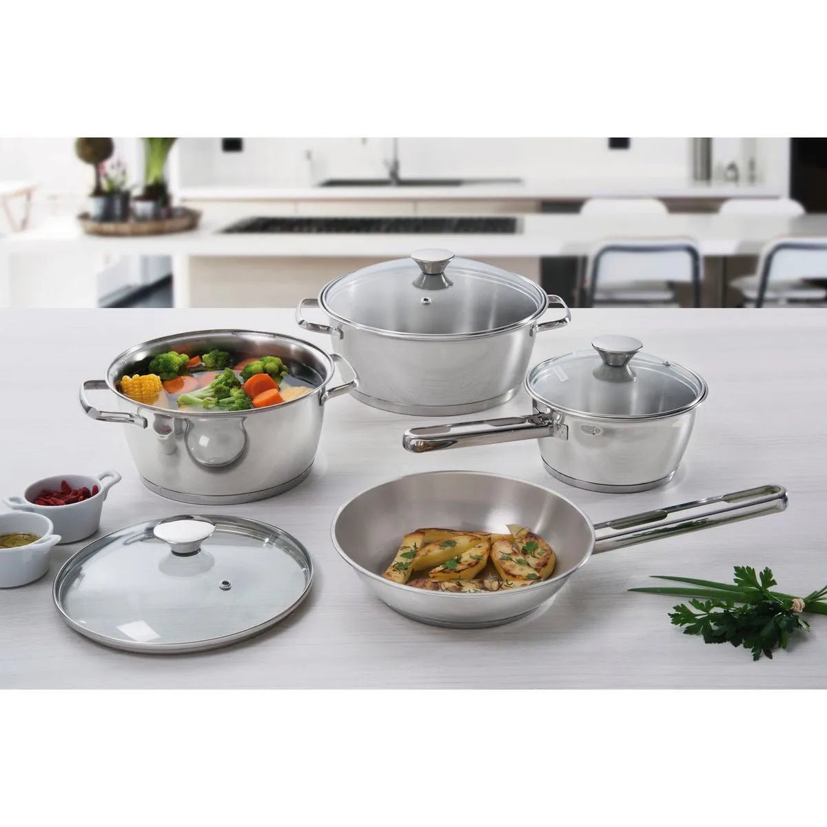 Juego de Ollas Batería de Cocina Tramontina Allegra Acero Inoxidable 7 Piezas - Muebles Dummi