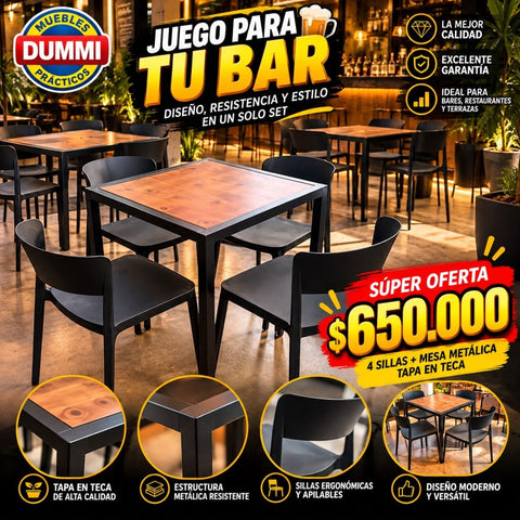 Juego/Combo Bar - 4 Sillas Con Mesa en Madera - Muebles Dummi