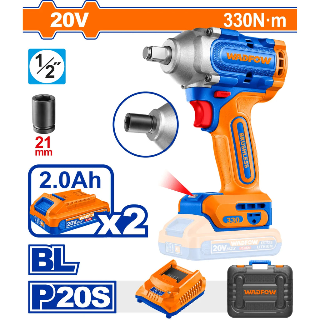 Llave De Impacto Inalámbrica 20V 1/2" 2 Baterías y Cargador