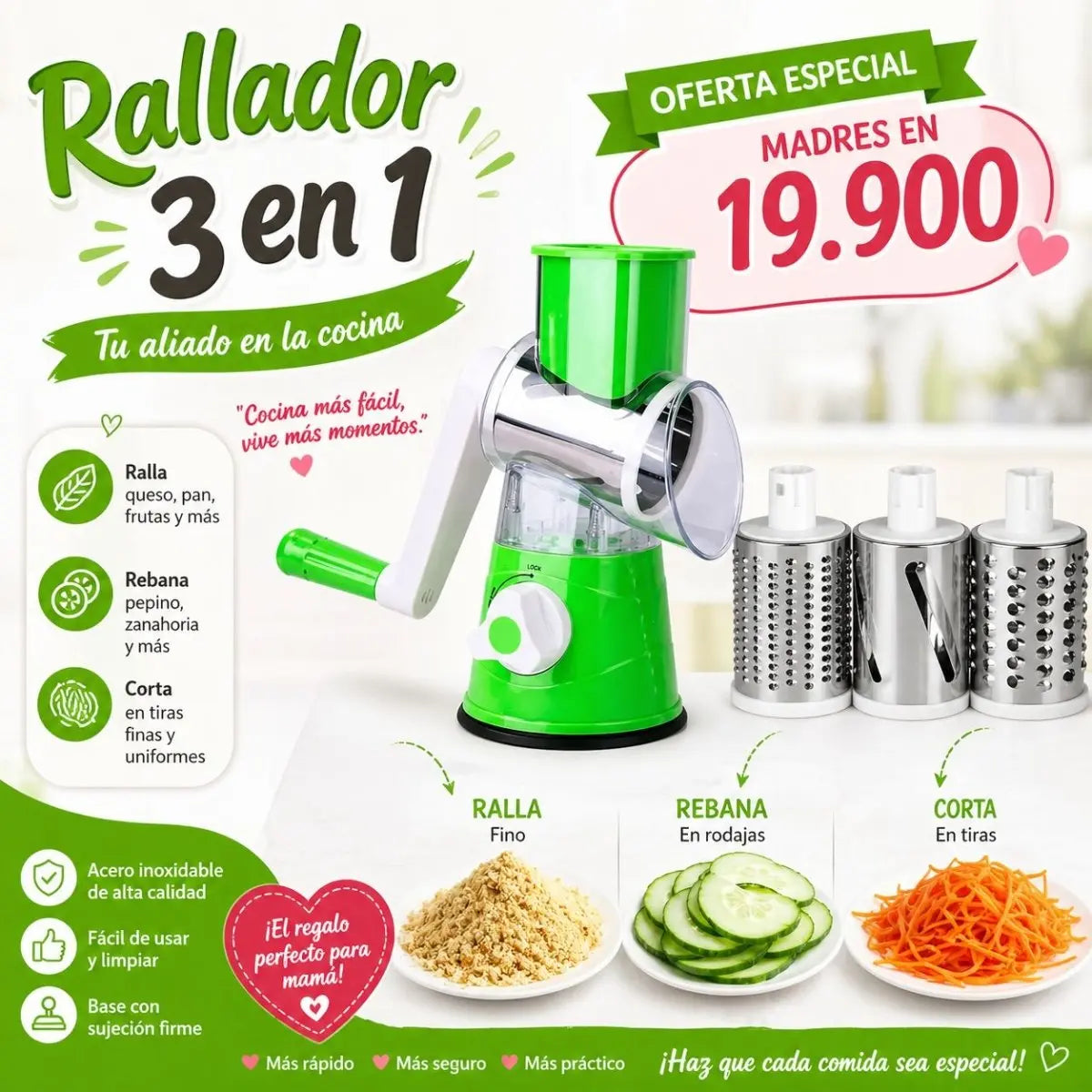 Oferta! Rallador 3 en 1 - Ralla, Rebana, Corta - Muebles Dummi