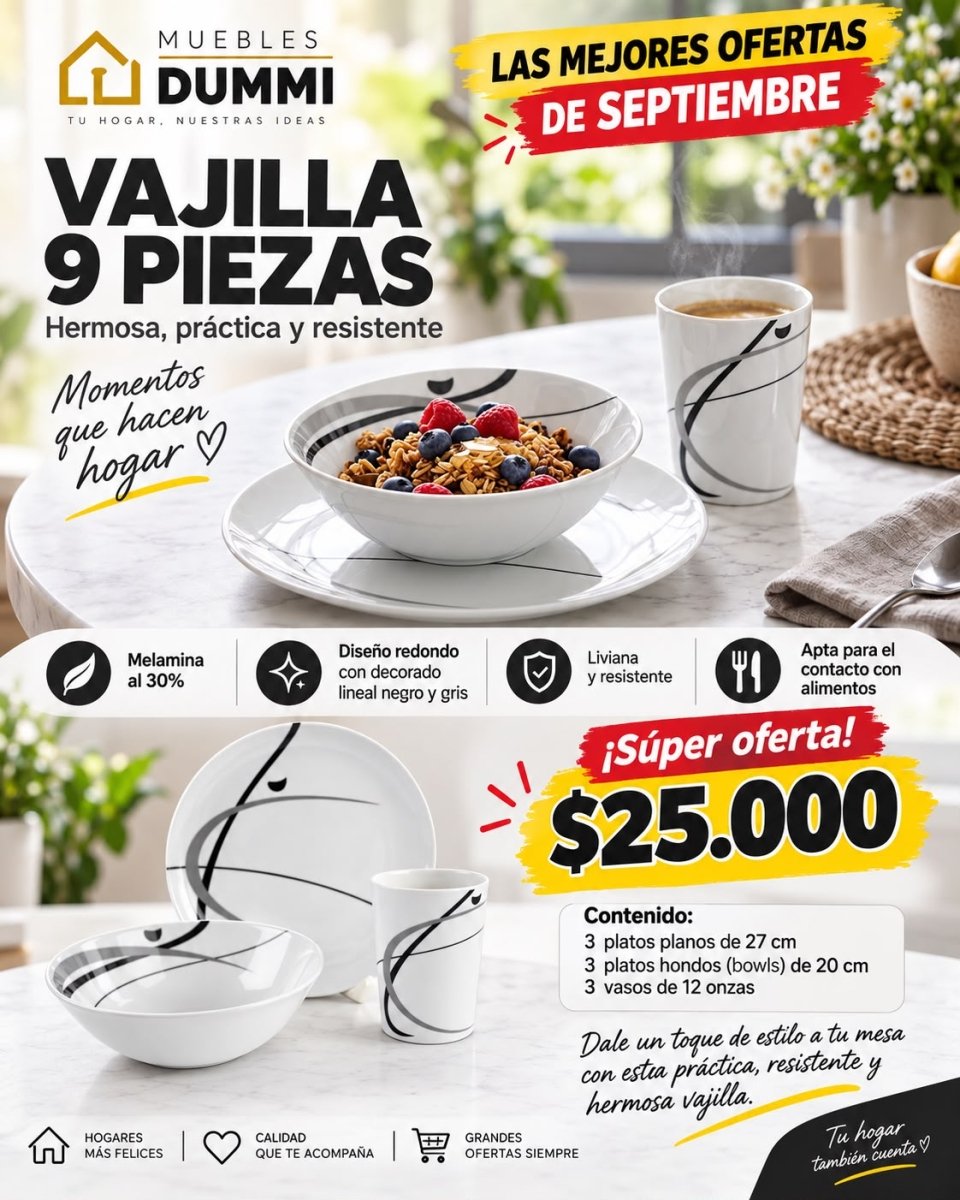 Oferta! Vajilla en Melamina de 9 Piezas - Muebles Dummi