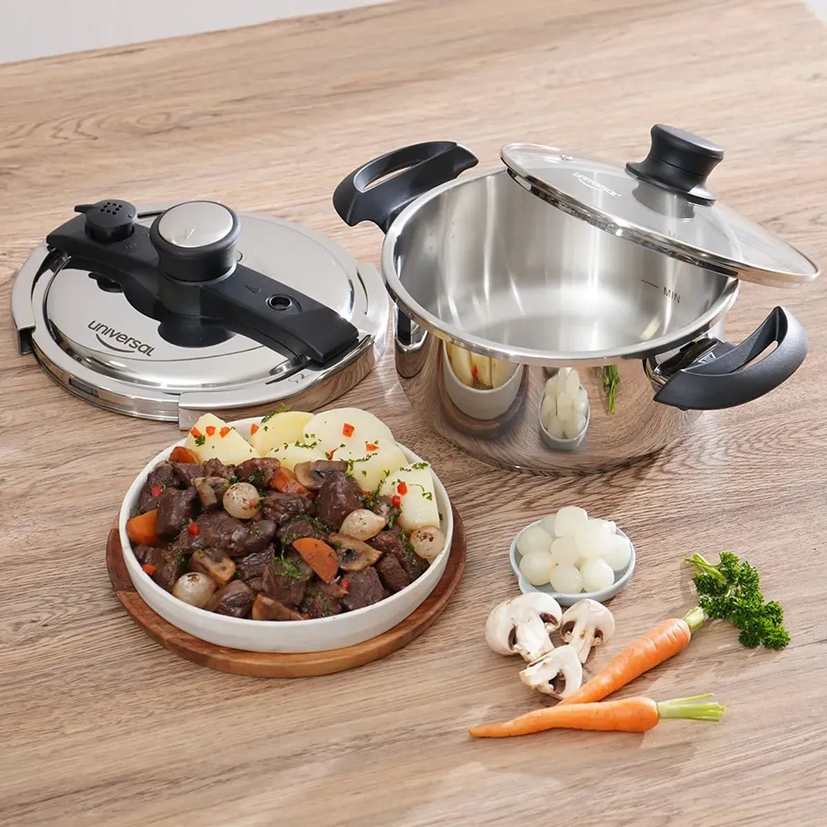 Olla a presión Easy Click 4L Universal en acero inxidable con tapa de vidrio - Muebles Dummi