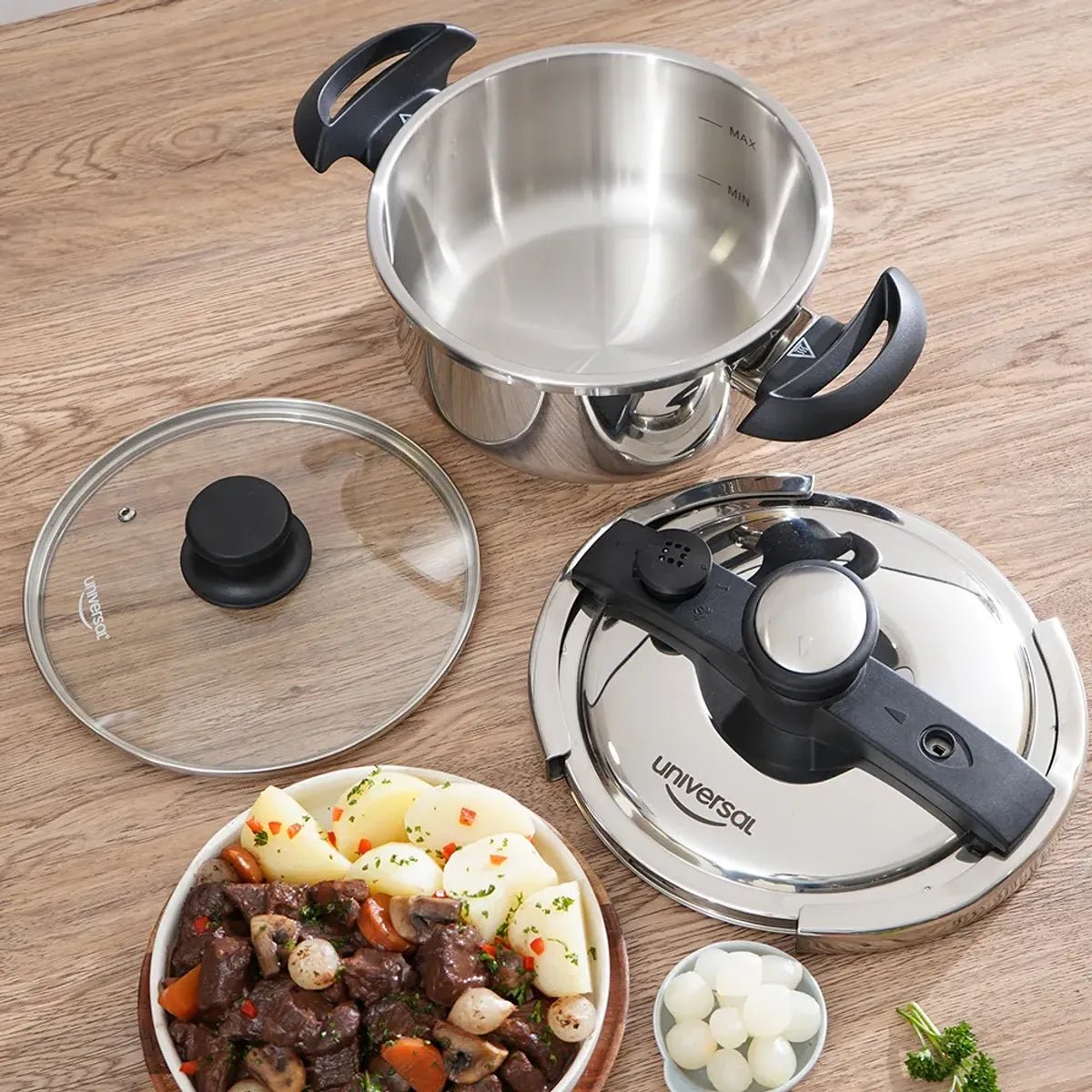 Olla a presión Easy Click 4L Universal en acero inxidable con tapa de vidrio - Muebles Dummi