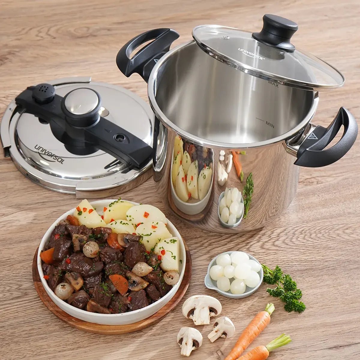 Olla a presión Easy Click 7.5L Universal en acero inxidable con tapa de vidrio - Muebles Dummi